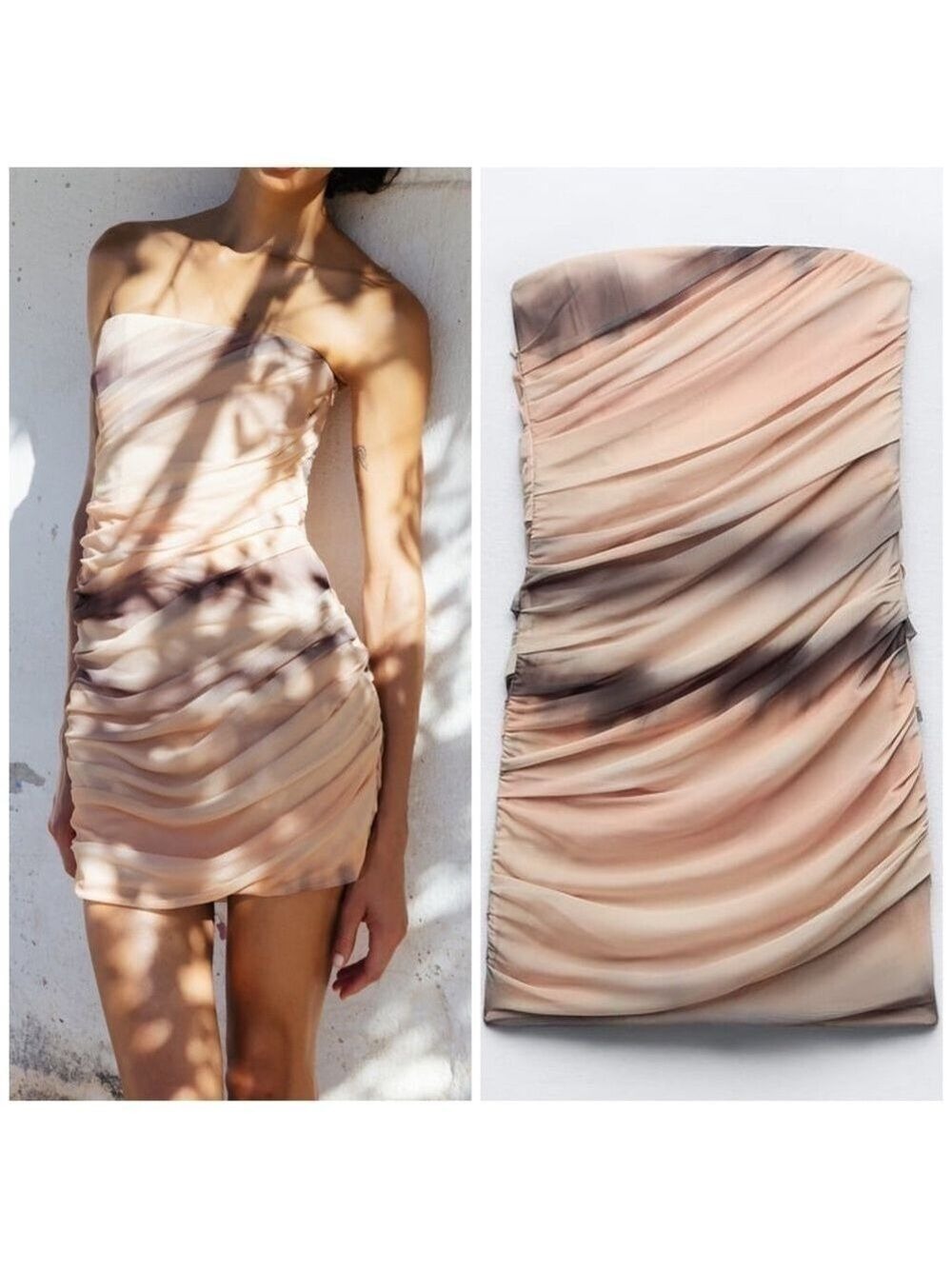 Zara Strapless Mesh Printed Draped Lined Tulle Mini Dress